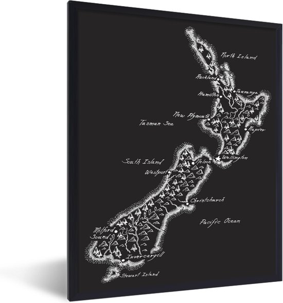 Fotolijst incl. Poster - Een illustratie van een zwarte kaart van Nieuw-Zeeland - Posterlijst