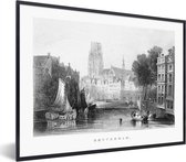 Fotolijst incl. Poster - Zwart-wit illustratie van het centrum van Rotterdam met grachten - 80x60 cm - Posterlijst