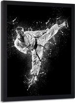 Foto in frame , Karateka met karate trap  ​, 70x100cm , Zwart wit  , Premium print