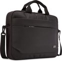 Zwarte laptoptas met handvatten, schouderband en logo.