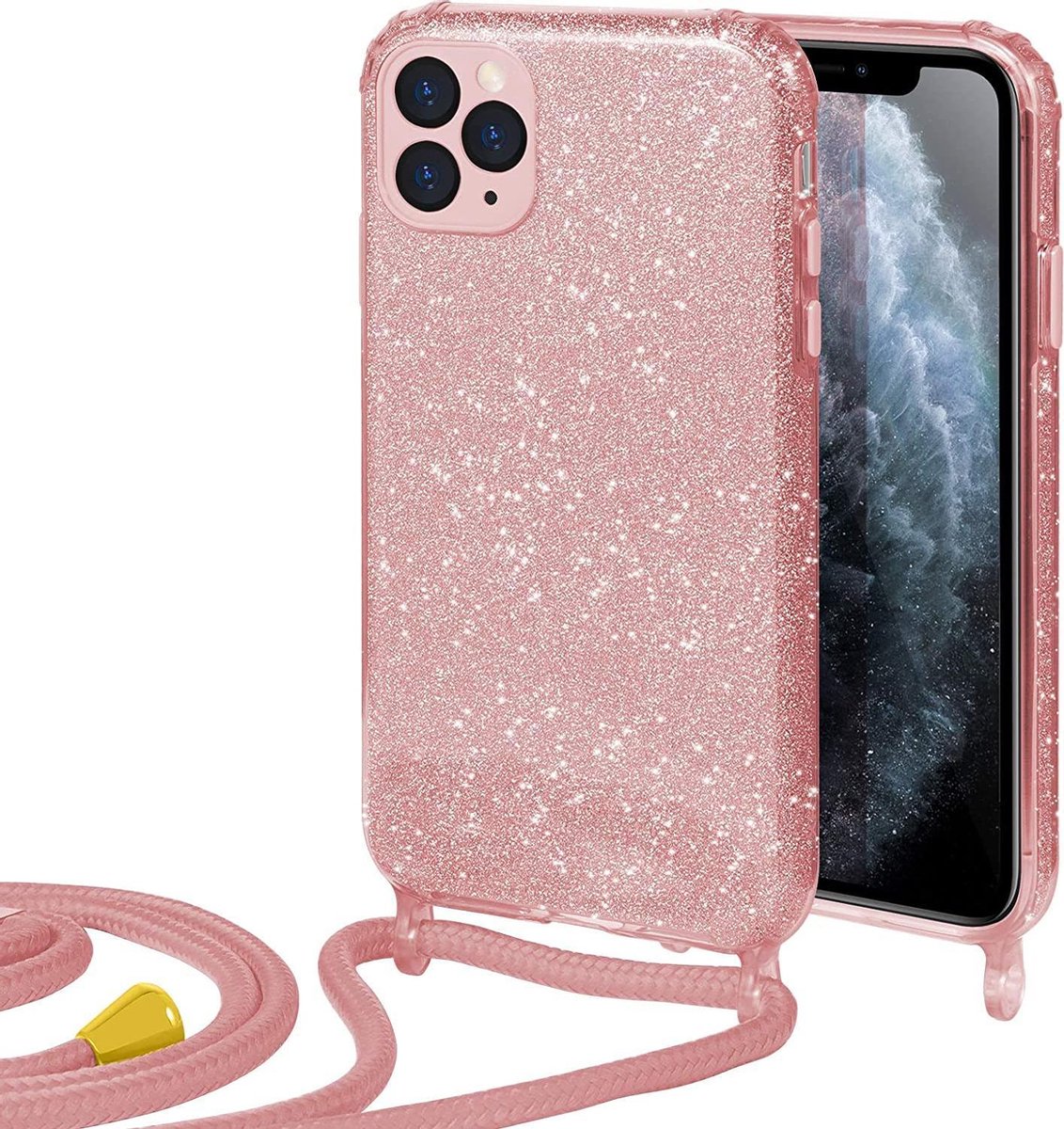 HB Hoesje Geschikt voor Apple iPhone 12 Pro Max - Roze - Glitter Back Cover met Koord