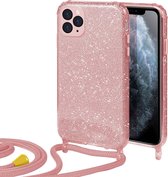 HB Hoesje Geschikt voor Apple iPhone 12 Pro Max Roze - Glitter Back Cover met Koord