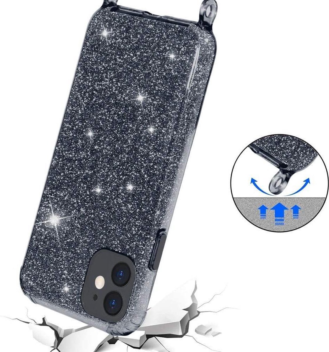 HB Hoesje Geschikt voor Samsung Galaxy S21 - Zwart - Glitter Back Cover met Koord