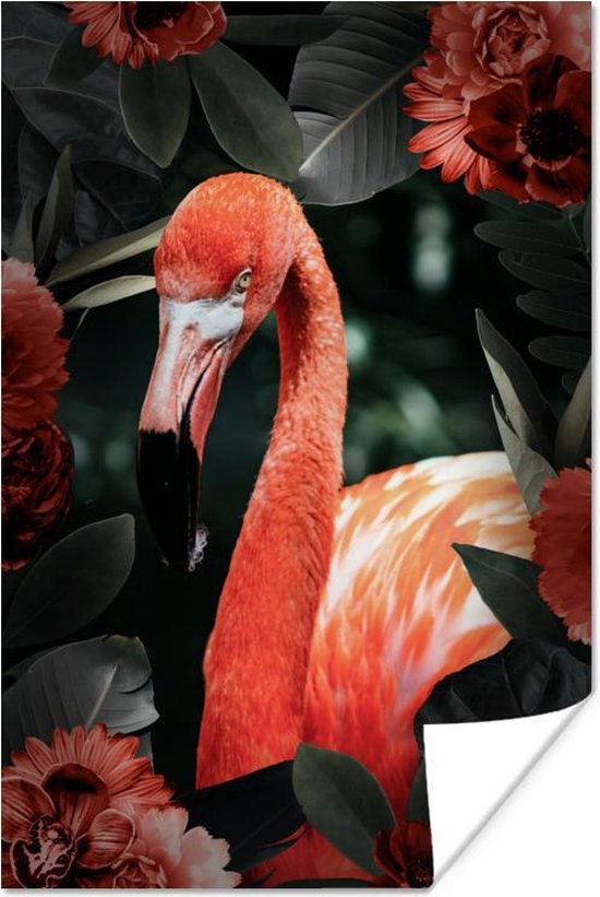 Flamingo tussen de bloemen en bladeren 20x30 cm - klein - Foto print op Poster (wanddecoratie woonkamer / slaapkamer)