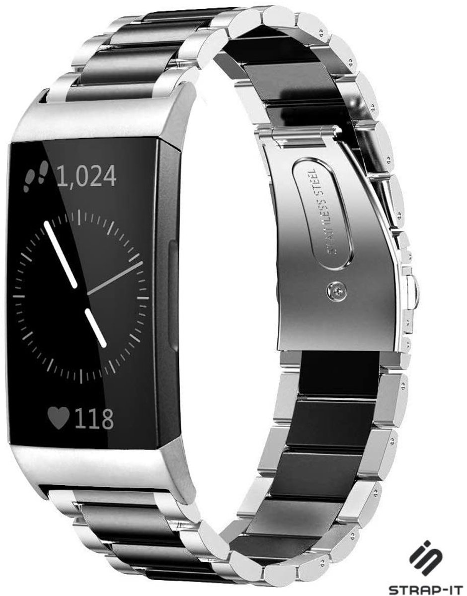 Strap-it Stalen schakel bandje - geschikt voor Fitbit Charge 3 / Charge 4 (zilver/zwart)