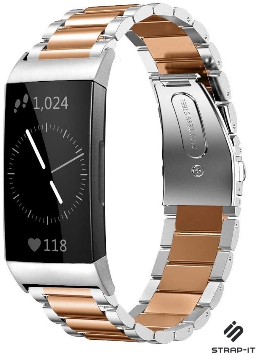 Strap-it Stalen schakel bandje - geschikt voor Fitbit Charge 3 / Charge 4 (zilver/rosé goud)