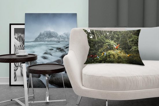 Sierkussen pour la vie forestière à l'intérieur - Perroquets dans la forêt tropicale - 50x30 cm - Coussin rectangulaire en coton