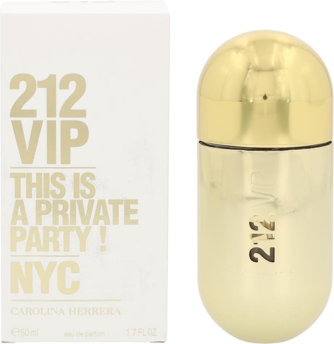 Witte doos met gouden tekst 212 VIP THIS IS A PRIVATE PARTY! NYC naast een lichtgroene parfumfles.