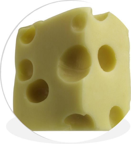 Bloc de fromage suisse avec trous sur fond blanc. Assiette en plastique cercle mural ⌀ 140 cm