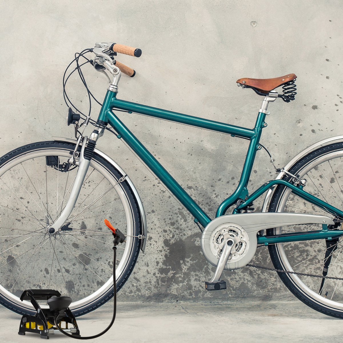 URFEDA Draagbare voetpomp, alle ventielen, voetpomp met manometer en extra lange slang (29,5 inch), voetpomp, auto, fiets, luchtpomp, alle ventielen, ook voor auto, bal en motorfiets