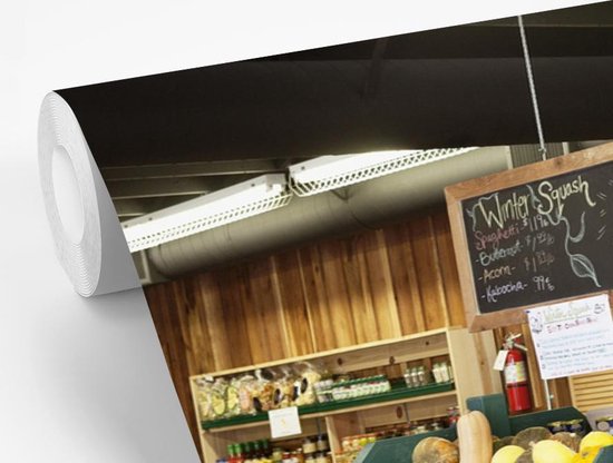 Behang - Fotobehang Fruit - Supermarkt - Krijtbord - Breedte 390 cm x hoogte 260 cm