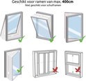 Diagramma's tonen geschikte ramen (max. 400cm) en ongeschikte schuiframen voor raamafdichting.