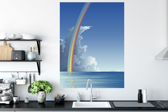Sticker Muursticker Illustration arc-en-ciel - illustration arc-en-ciel au dessus de la mer - 90x120 cm - film adhésif autocollant - sticker mural repositionnable