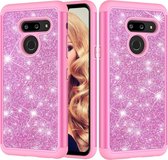 Glitter poeder contrast huid schokbestendig siliconen + pc beschermhoes voor LG G8 ThinQ (roze)