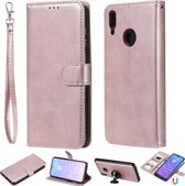 Voor Huawei Enjoy 9 / Y7 (2019) Effen kleur Horizontale Flip Beschermhoes met houder & kaartsleuven & portemonnee & fotolijst & lanyard (rose goud)