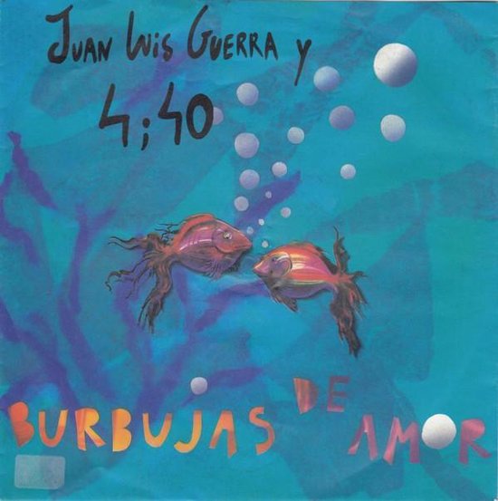 Twee vissen zwemmen in blauw water, omringd door bubbels, op de hoes van 'Burbujas De Amor'.