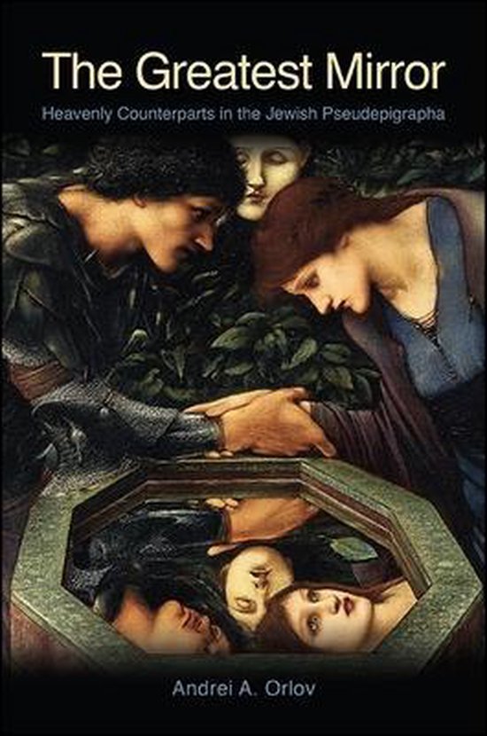 Boekomslag 'The Greatest Mirror' met vier personen die in een spiegel kijken. Geschreven door Andrei A. Orlov.
