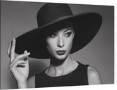 Vrouw met hoed zwart wit - Foto op Canvas - 45 x 30 cm