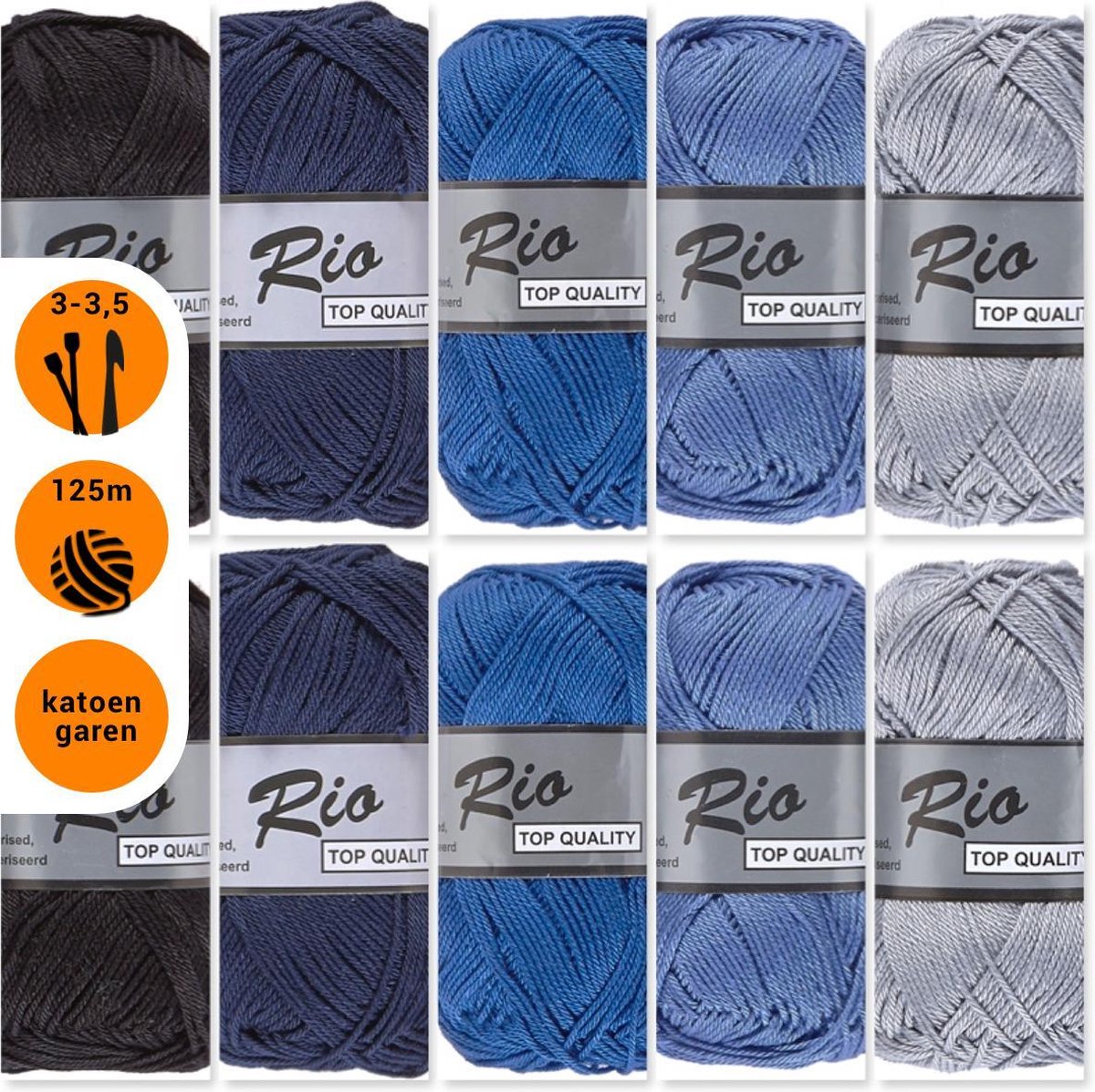 Lammy yarns Rio katoen garen pakket - blauw zwart grijs - 10 bollen