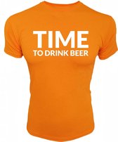 Oranje heren EK 2021 t-shirt met witte opdruk "TIME TO DRINK BEER" - XS