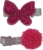 Jessidress® Haarclips Mini Haar clip met kleine vlinder en pompom - Fushia
