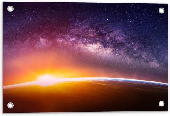 Tuinposter – Opkomende Zon bij Aarde in de Ruimte - 60x40cm Foto op Tuinposter  (wanddecoratie voor buiten en binnen)