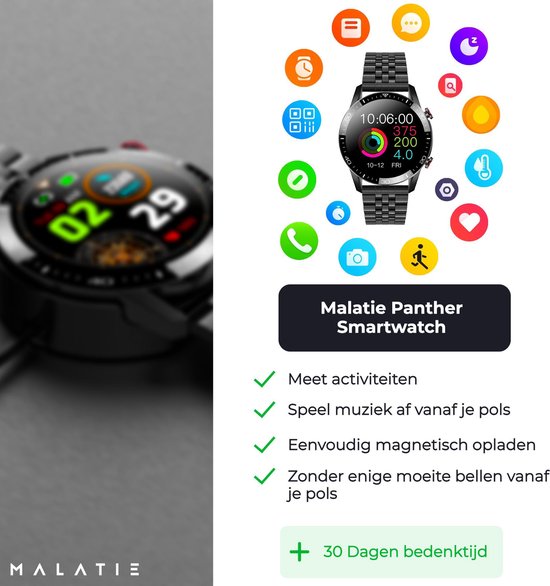 Malatie® Black Panther Smartwatch heren - Smartwatch dames - Bloeddruk meten - Stappenteller horloge - Magnetisch Opladen - Stainless Steel - kerst - sinterklaas - cadeautje