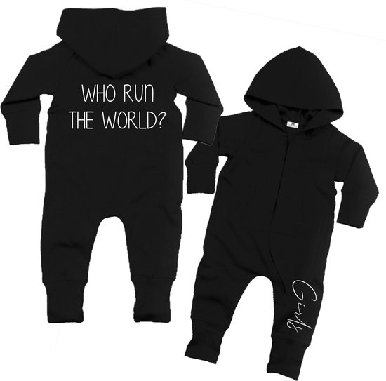 Onesie who run the world? girl-zwart-wit-Maat