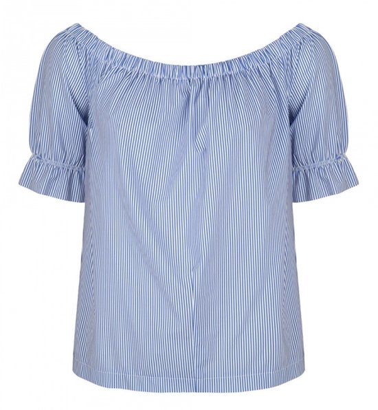 Blauwe blouse met off-shoulder hals en korte pofmouwen, gestreept met witte strepen.
