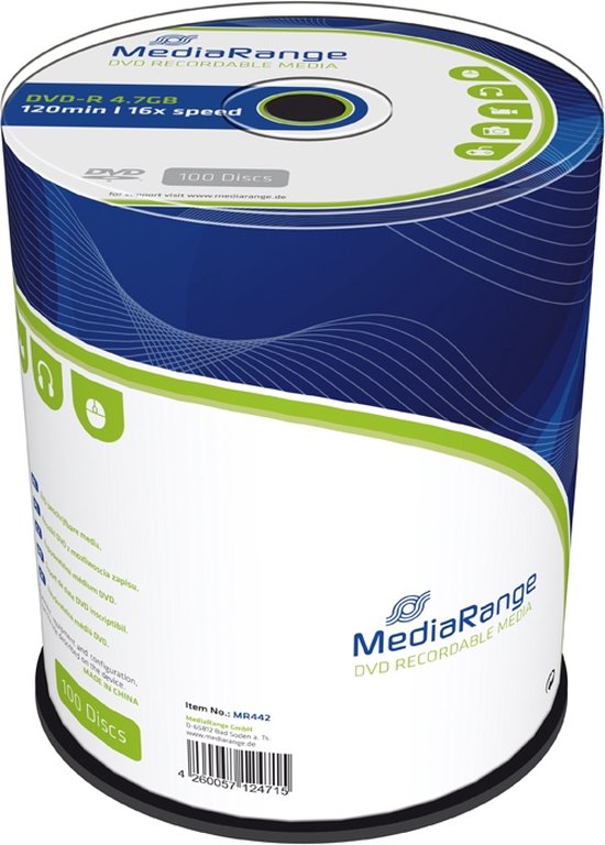 Een witte cilinder met blauwe en groene golvende lijnen en iconen. De "MediaRange" logo op de voorkant, met de tekst "DVD-R 4.7GB 120min I 16x speed" en "100 Discs".