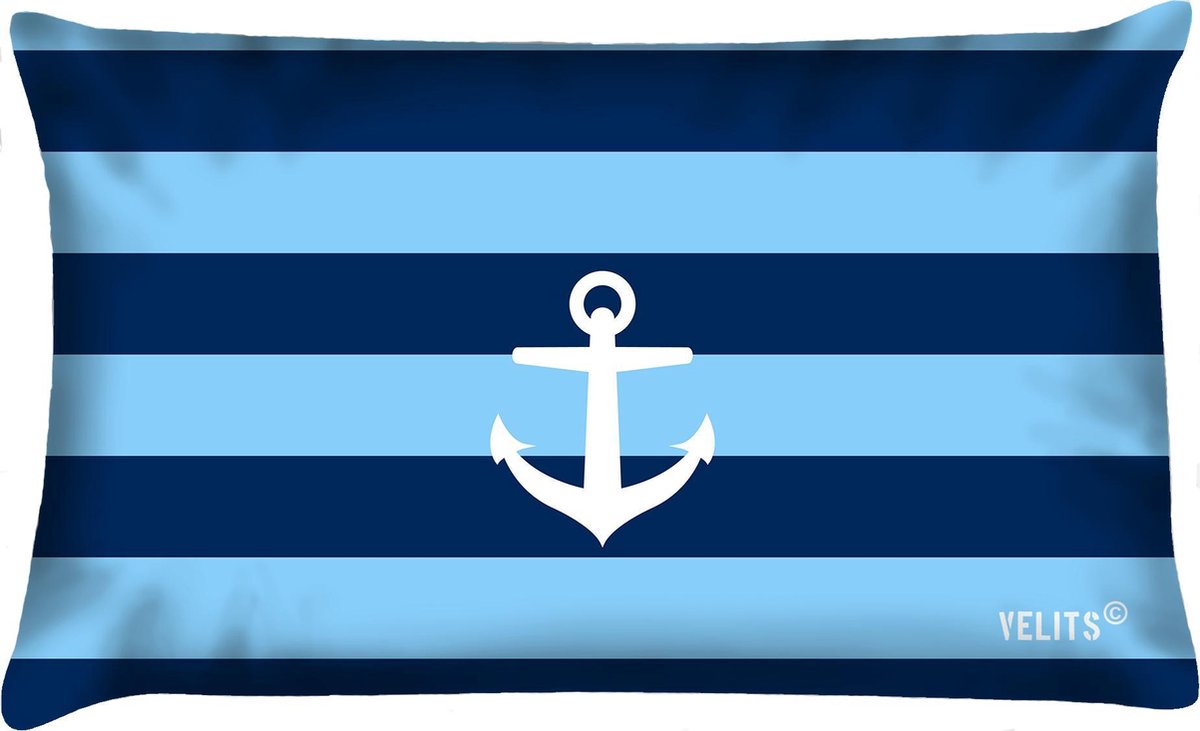 Sierkussen - Buitenkussen Bloed Waterafstotend Bootkussen Streep Anker Lichtblauw - Blauw - 60 Cm X 40 Cm