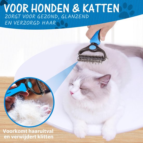 Hoogwaardige 2-Zijdige Hondenkam Hondenborstel Borstel Hond Klittenkam - Ondervacht Kam - Honden Borstel - Honden Kam - Hondenborstel Langharig - Hondenborstel Kortharig - Verwijdert Klitten - Voorkomt Verharing - Blauw - Woodoro