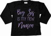T-Shirt voor een grote zus-Bekendmaking zwangerschap-big sis is my new name-zwart-lila-Maat 122/128