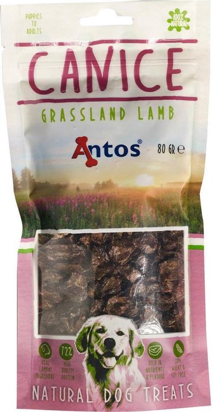 Canice Grassland Lamb, natuurlijke hondensnacks in een verpakking, met afbeelding van een hond.