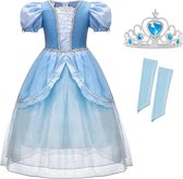 Assepoester jurk Prinsessen jurk Superior 128-134 (130) blauw + mouwen-broche-kroon- verkleedjurk verkleedkleding