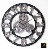 LW Collection LEVI wandklok industrieel - Houten klok tandwielen / grijs / zwart / goud 60cm