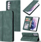 Voor Samsung Galaxy S21 FE Huid Voelen Druk Lijn Magnetische Horizontale Flip Lederen Case met Houder & Kaartsleuf & Portemonnee & Fotolijst (Groen)