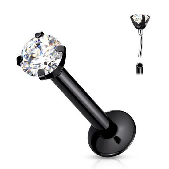 Piercing push in - noir avec pierre ronde CZ blanche 1.2X8