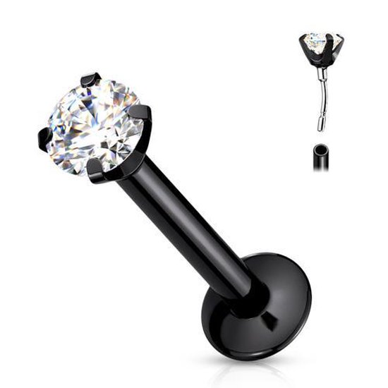 Piercing push in - zwart met witte CZ ronde steen 1.2X8