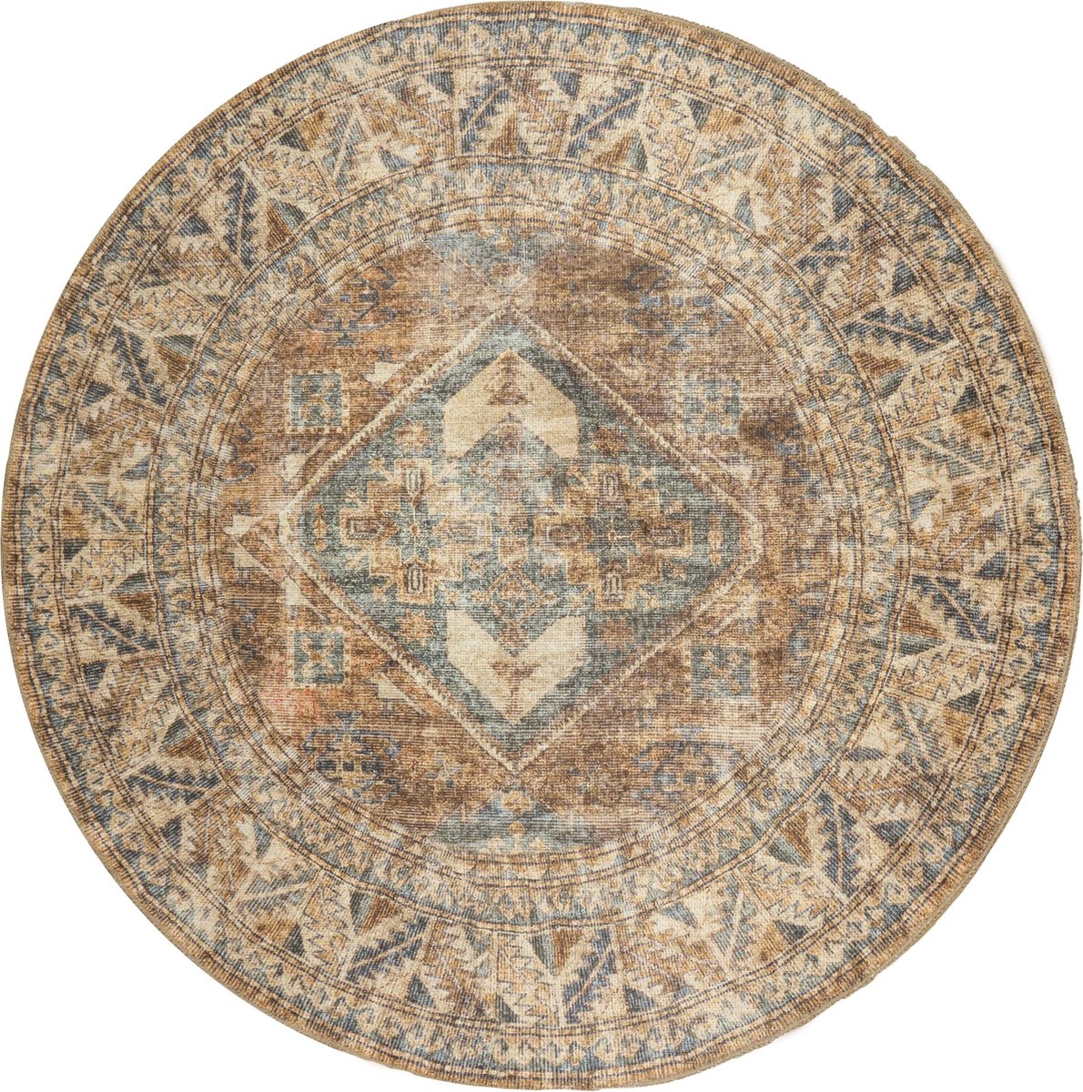 Veer Carpets Vloerkleed Laria Blue 1 Rond - ø200 cm - Laagpolig – Vintage / Klassiek Medaillon Bruin