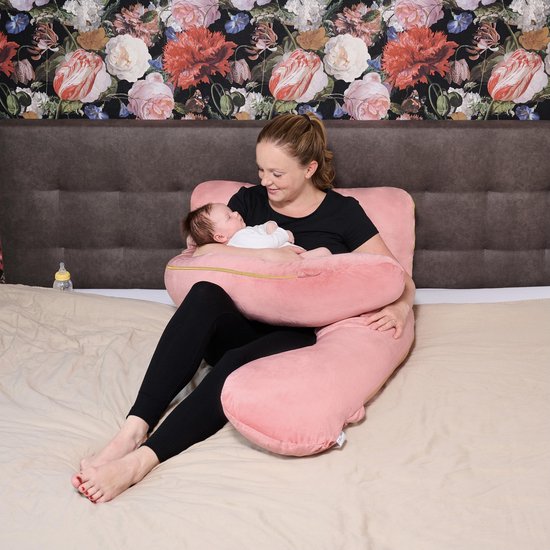 Voedingskussen - TELANO® Voedingskussen XXL Roze Velvet Wasbare Hoes met Gouden Rits - Opbergtas - U vorm - Extra groot - Zijslaapkussen