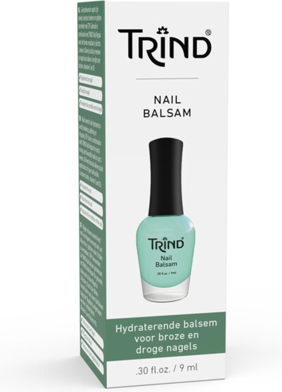 Trind Nail Balsam: lichtblauwe fles met zwarte dop, op een groene doos. "Hydraterende balsem voor broze en droge nagels"