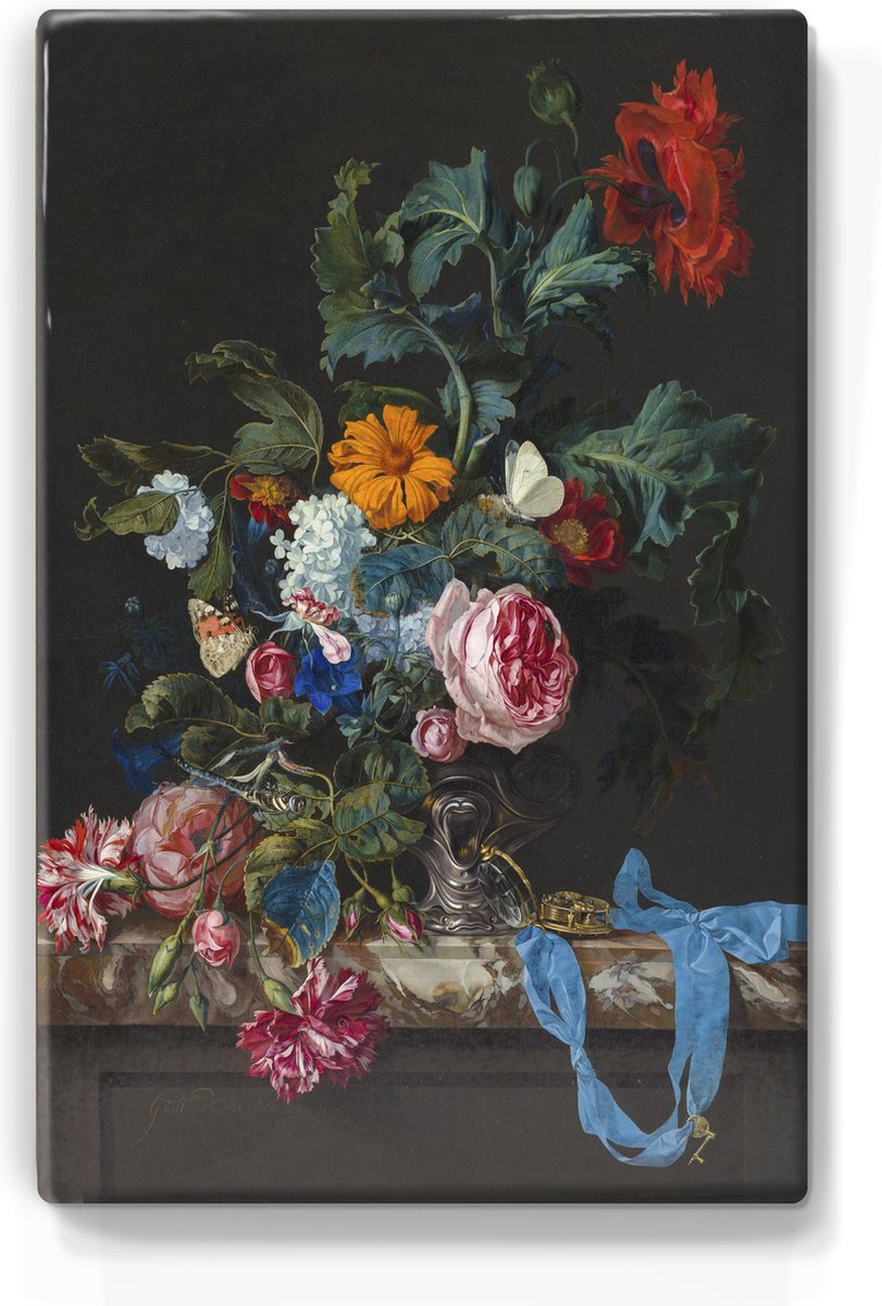 Bloemstilleven met horloge - Willem van Aelst - 19,5 x 30 cm - Niet van echt te onderscheiden schilderijtje op hout - Mooier dan een print op canvas - Laqueprint.