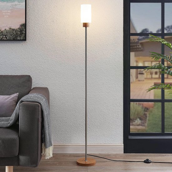 Lindby - vloerlamp hout - 1licht - eikenhout, glas, staal - H: 150 cm - E27 - licht eiken, opaalwit