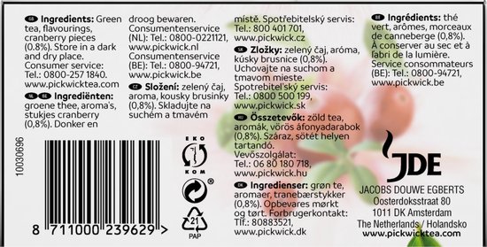 Achterkant van Pickwick Groene thee verpakking met ingrediënten en contactinformatie.