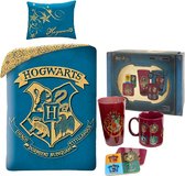 Harry Potter Dekbedovertrek- Katoen- 1persoons- 140x200- Dekbed Hogwarts Logo -Blauw, incl.  4 delige Giftbox cadeau set HP.
