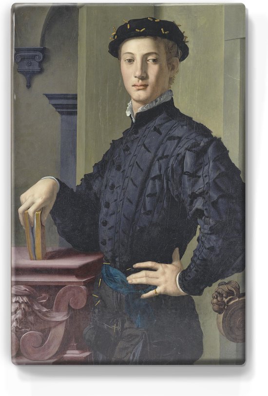 Portret van een jonge man met boek - Agnolo_Bronzino - 19,5 x 30 cm - Niet van echt te onderscheiden schilderijtje op hout - Mooier dan een print op canvas - Laqueprint.