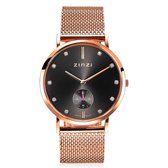 ZINZI Retro Crystal horloge donkergrijze wijzerplaat en kast stalen mesh band in de kleur roségoud, witte crystals bij uuraanduiding, extra secondemeter, 38mm extra dun ZIW427M