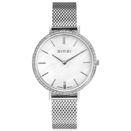 ZINZI horloge GRACE 34mm wit parelmoer wijzerplaat, rondom bezet met witte crystals, stalen kast en band ziw1317