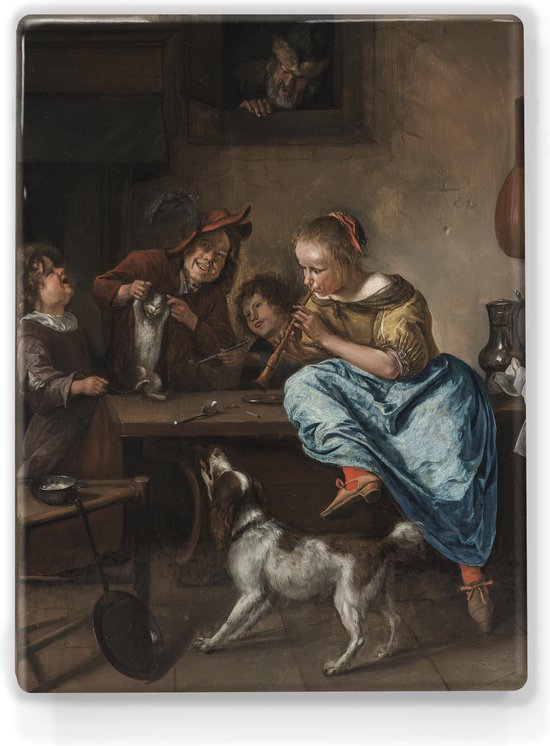 De dansles - Jan Havicksz Steen - 19,5 x 26 cm - Niet van echt te onderscheiden schilderijtje op hout - Mooier dan een print op canvas - Laqueprint.
